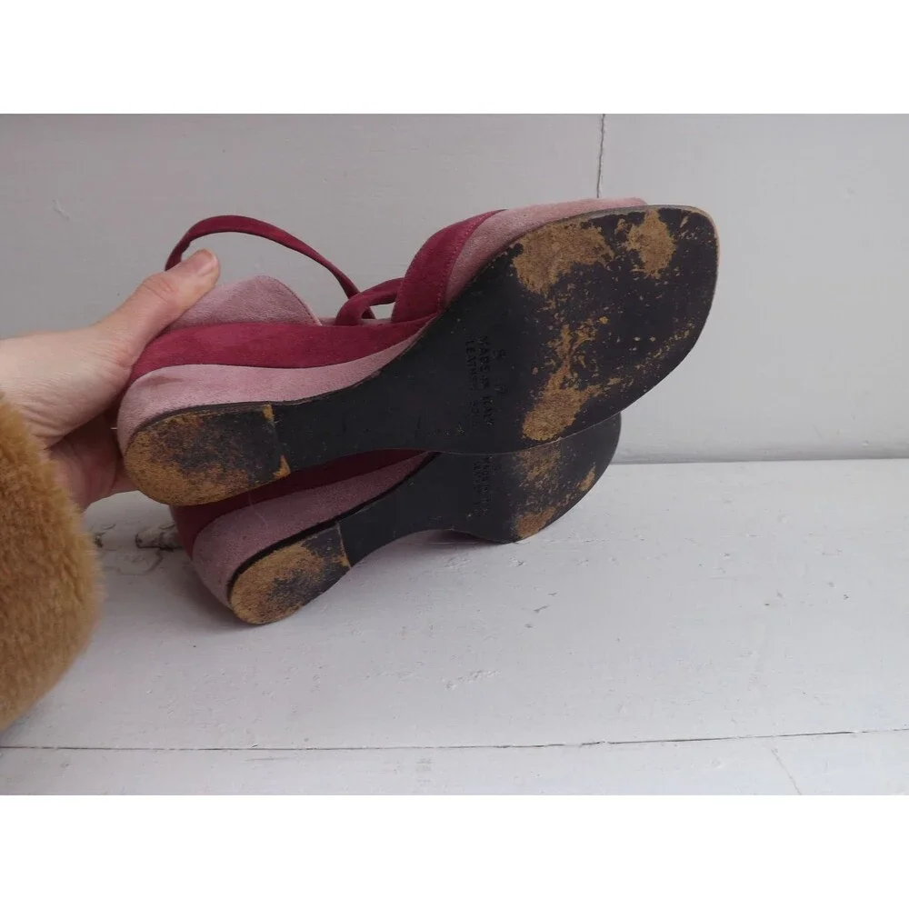 Bandolinos Two Tone Wedge Shoes Strappy Suede Pink Vintage 5 M 6 Narrow